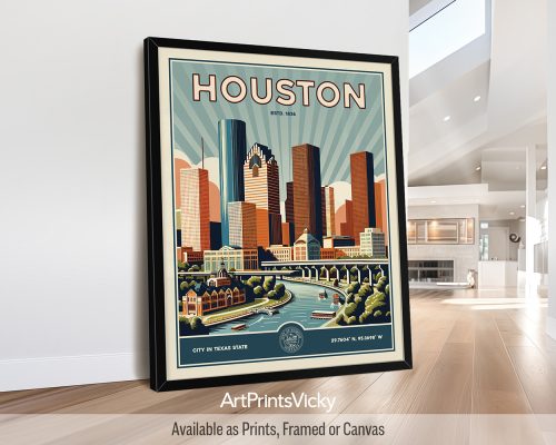 Houston Poster Inspired by Retro Travel Art