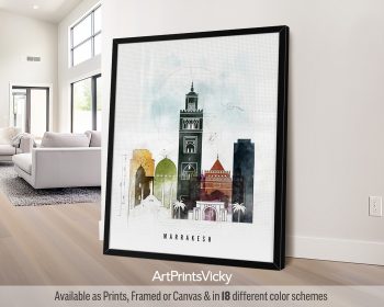 Framed artwork depicting a stylized illustration of Marrakech's architectural landmarks.