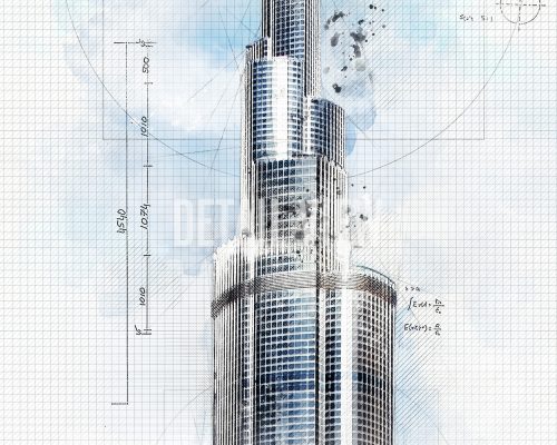 Architectural illustration of the Burj Khalifa with measurements and grid background.