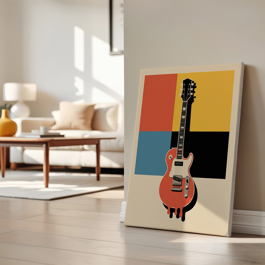 Framed electric guitar poster featuring red guitar against colorful geometric background with orange, yellow, blue, and black blocks in retro pop art style