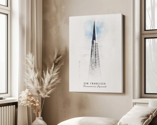 Artistic representation of the Transamerica Pyramid building in San Francisco with a light blue background.