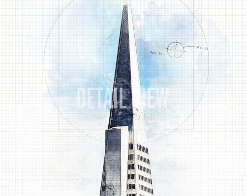 Illustration of Transamerica Pyramid with a pointed top and grid background.