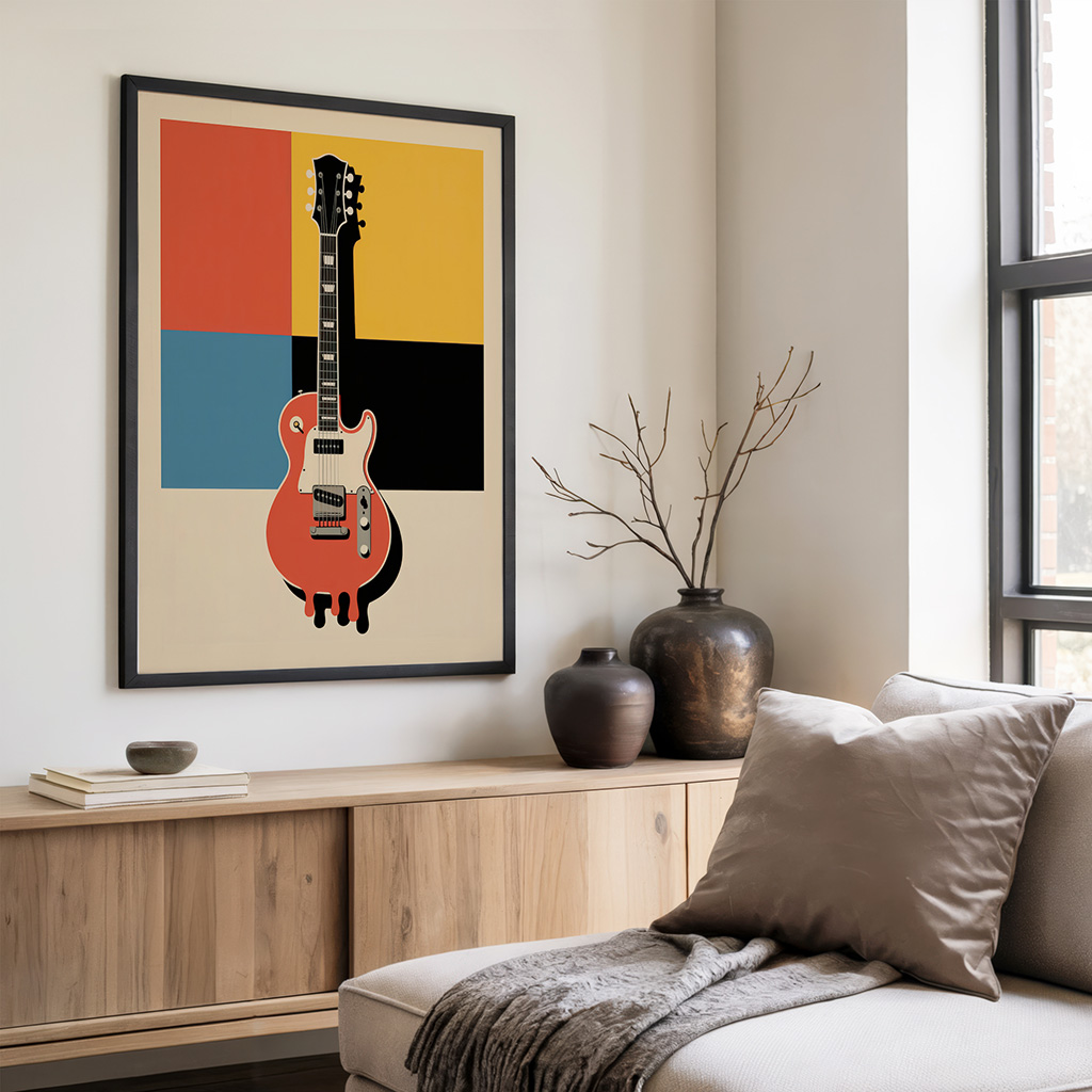 Framed electric guitar poster featuring red guitar against colorful geometric background with orange, yellow, blue, and black blocks in retro pop art style