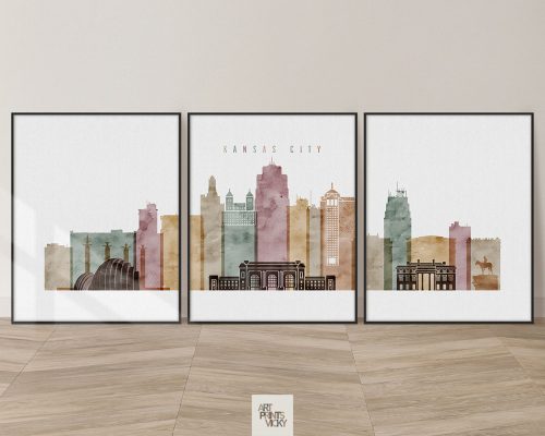 Kansas City Skyline 3 Print Set in Watercolor 1 Tones