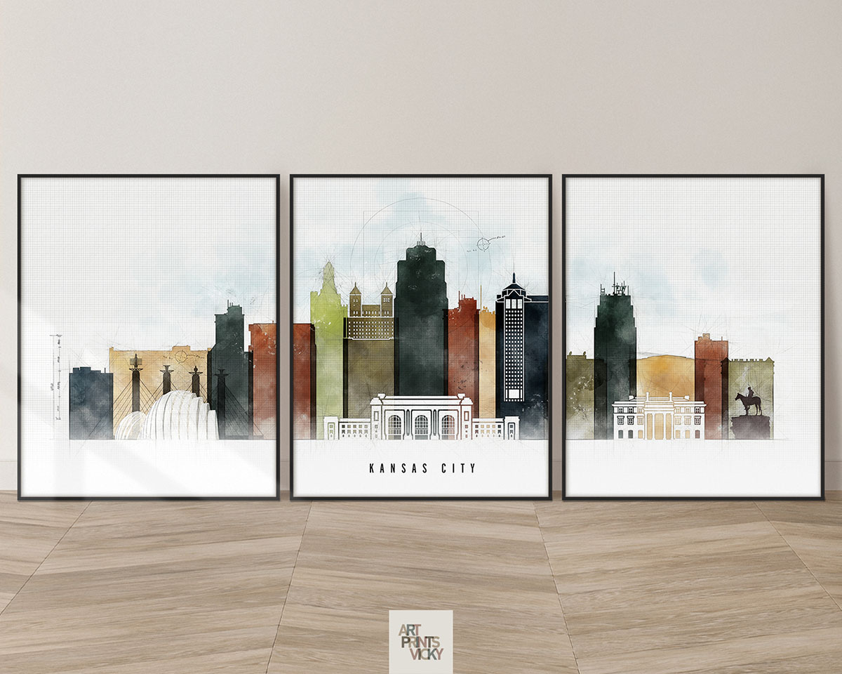 Kansas City Triptych Skyline Prints in Urban 2 Tones