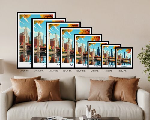 Illustration of various frame sizes for a Chicago skyline artwork displayed on a wall above a sofa.
