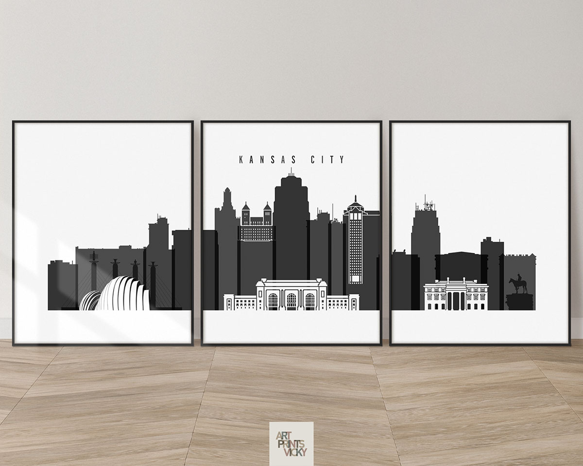 Kansas City Wall Art Set of 3 in Black and White