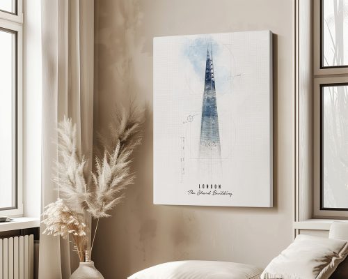 Artistic representation of The Shard building in London with a light background and abstract elements.