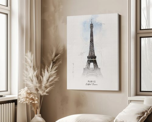 Artistic representation of the Eiffel Tower in Paris with a light background and decorative elements.