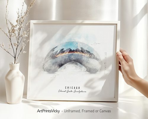 Art print of the Cloud Gate sculpture in Chicago displayed in a frame with a hand holding it.