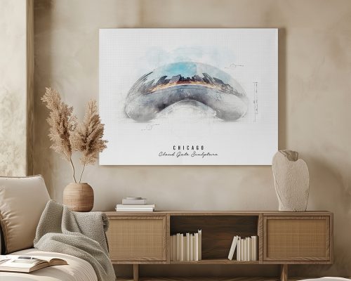 Artistic representation of the Chicago skyline with a curved design and soft colors on a wall.