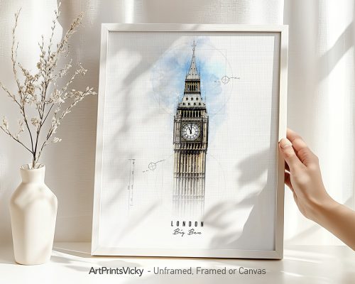 Illustration of Big Ben in London, framed and held by a hand with a vase in the background.