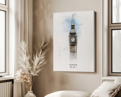 Artistic depiction of Big Ben with a light blue background and grid pattern.