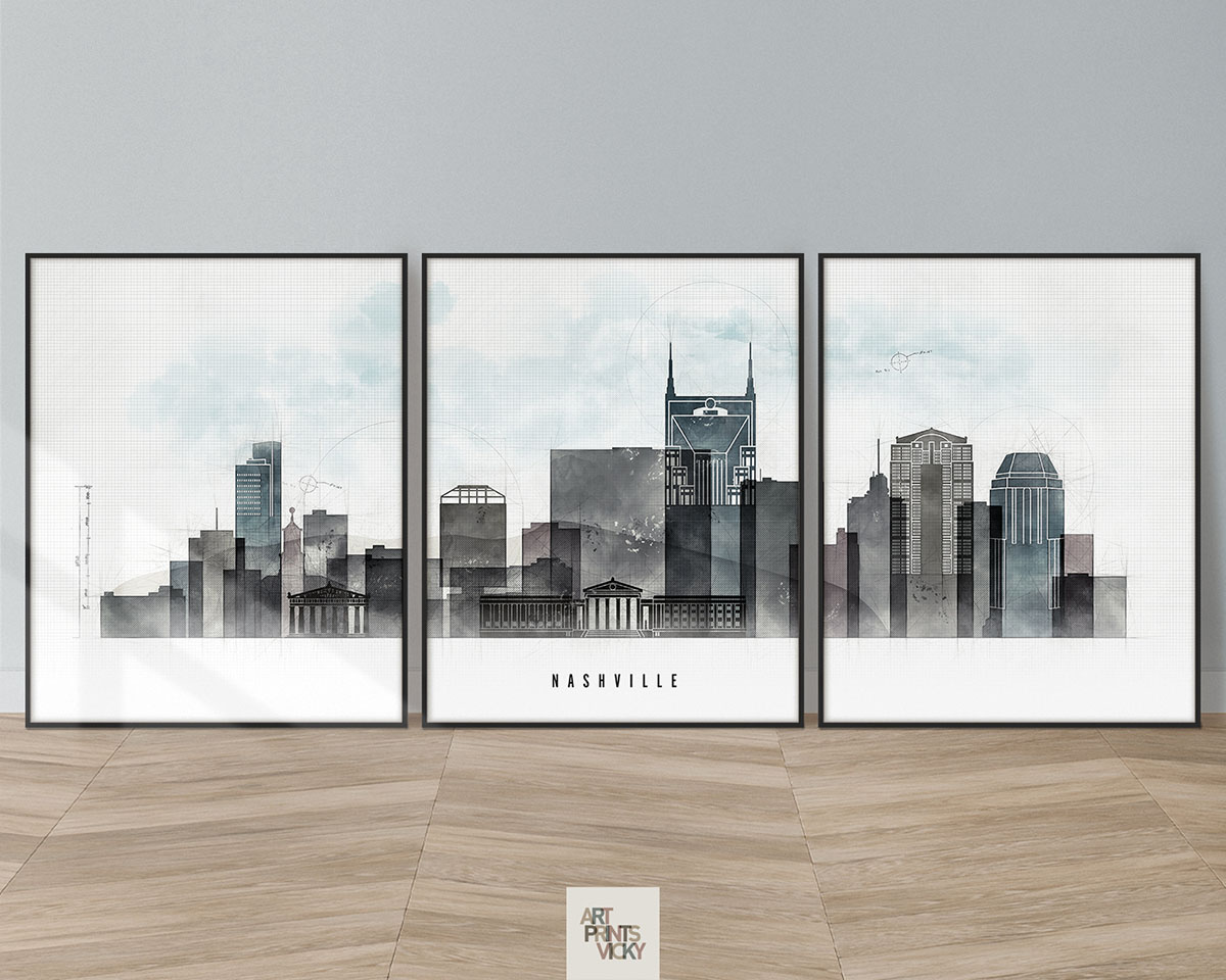 Nashville Skyline Set of 3 Prints in Urban 1 Style
