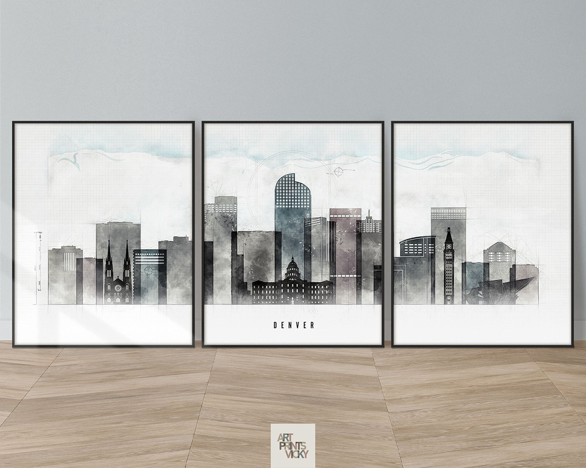 Denver Skyline Set of 3 Prints in Urban 1 Style