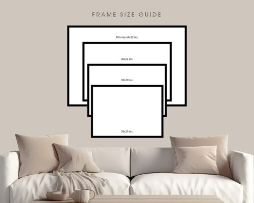 Frame size guide displayed on a wall above a sofa with cushions.