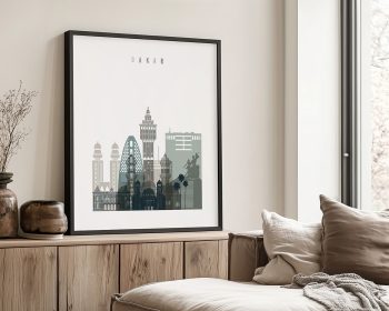 Art print featuring a stylized skyline of Dakar with notable buildings and structures.