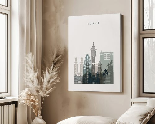 Art print featuring a stylized cityscape of Dakar with notable buildings and structures.