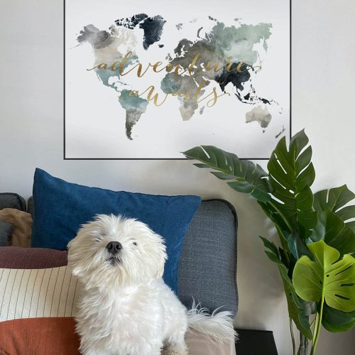 A world map featuring watercolor design and the text 'adventure awaits' in gold lettering.