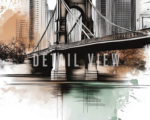 Illustration of a bridge in Cincinnati with a detailed view and urban background.
