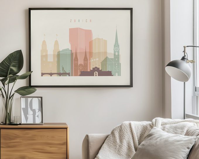 Illustration of Zurich's skyline featuring various buildings and landmarks in pastel colors.