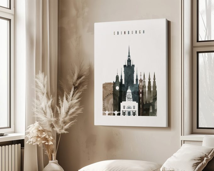 Art print featuring a stylized silhouette of Edinburgh's skyline with notable buildings.
