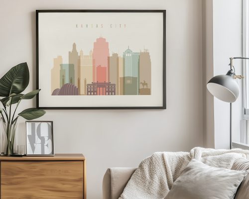 Illustration of the Kansas City skyline featuring various buildings in muted colors.