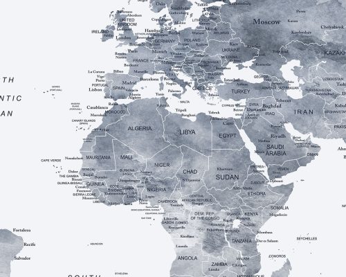 World map art detailed grey blue detail