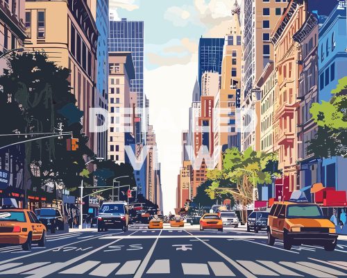 Illustration of a city street on 5th Avenue with yellow taxis and tall buildings.