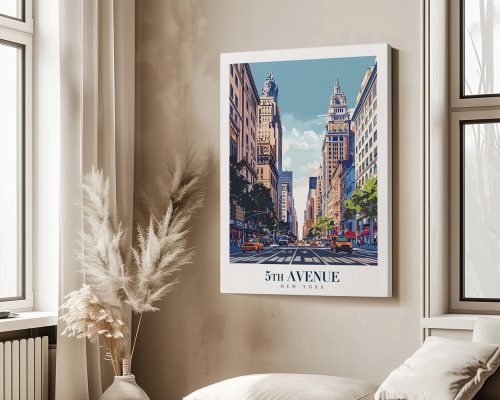 Art print of 5th Avenue in New York City featuring tall buildings and a clear sky.