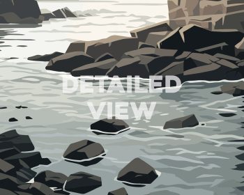 Illustration of a rocky shoreline with water and stones in a detailed view.
