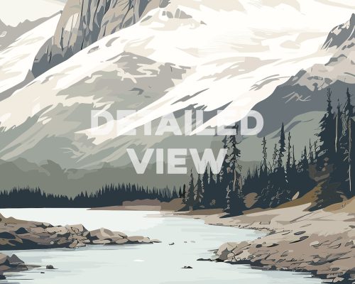 Illustration of a mountain landscape featuring a river and pine trees in a detailed view.