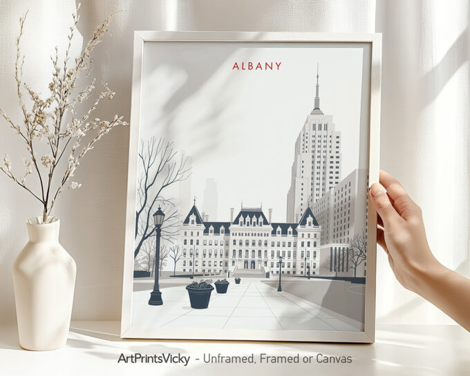Framed artwork of Albany featuring a stylized depiction of a cityscape with buildings and trees.