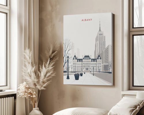 Minimalist artwork depicting a cityscape of Albany with notable buildings and trees.