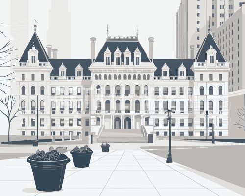 Illustration of a minimalist architectural design of a building in Albany with planters in front.