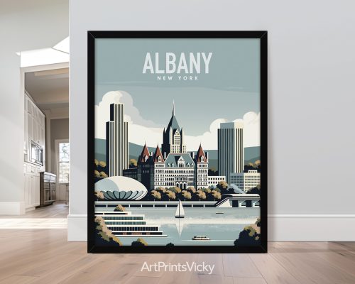 Albany NY cityscape travel poster in smooth colors by ArtPrintsVicky
