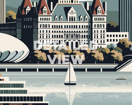 Illustration of Albany cityscape featuring a prominent building and a sailboat on the water.
