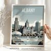 Framed artwork depicting a stylized view of Albany, New York with notable buildings and a river.