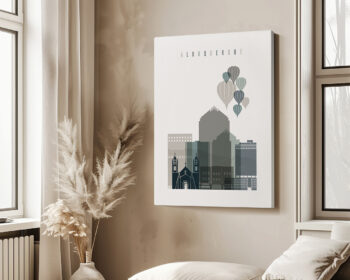 Vertical poster featuring the skyline of Albuquerque with stylized buildings and hot air balloons in earth tones.