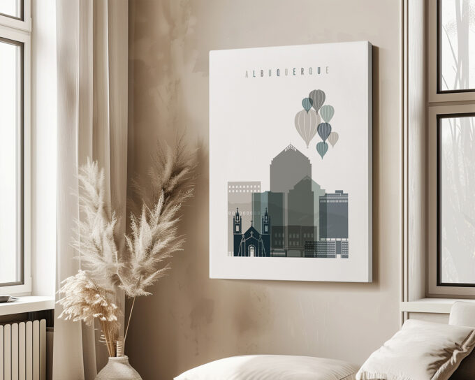 Vertical poster featuring the skyline of Albuquerque with stylized buildings and hot air balloons in earth tones.