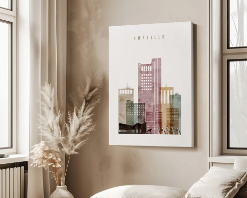 Art print of a cityscape with pastel-colored buildings and the word 'Amarillo' at the top.