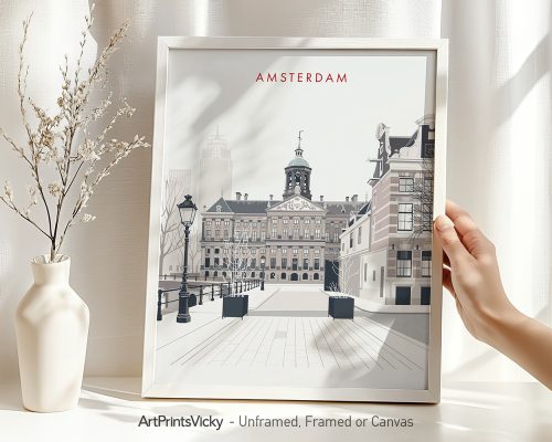 Minimalist artwork featuring a depiction of Amsterdam with a prominent building and street scene.