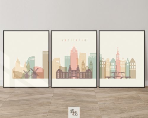 Amsterdam skyline set of 3 prints in pastel cream by ArtPrintsVicky