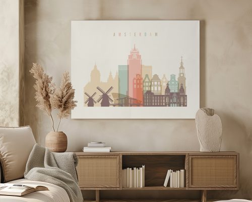 Stylized illustration of Amsterdam's skyline featuring notable buildings and windmills.