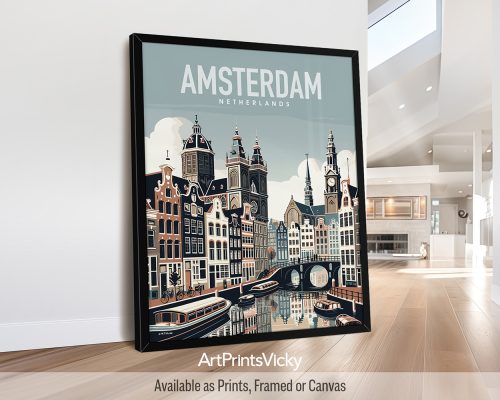 Smooth travel style art print of the Amsterdam skyline by ArtPrintsVicky