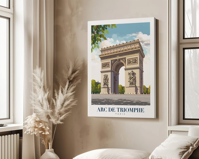 Illustration of the Arc de Triomphe in Paris displayed on a wall with decorative elements.