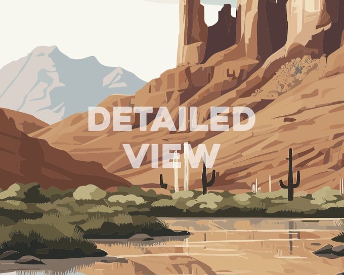 Illustration depicting a desert landscape in Arizona with mountains, cacti, and a reflective water body.