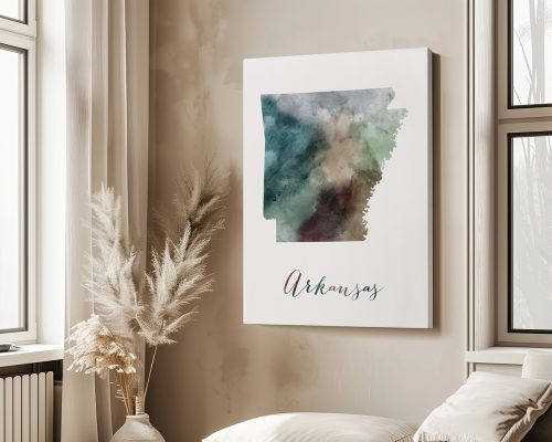 Watercolor illustration of the state of Arkansas with artistic colors and the name 'Arkansas' at the bottom.