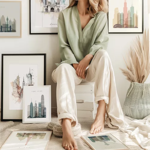 Woman wearing a green blouse and white pants sitting on a stool surrounded by framed cityscape art prints.