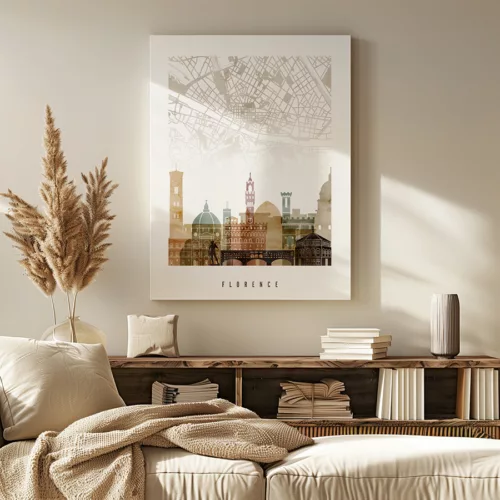 Art print of Florence featuring notable buildings and a map design in the background.